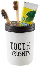 Onsogi White Glass Mason Jar Toothbrush Holder with Rustproof Steel Lid, Rustic Farmhouse Decor Lettering Bathroom Accessories