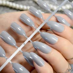 Oval Almond Sharp Solid Gray Purple Fake Nails Stiletto Full Cover Pointed Pure Color Design False Nail Wear Tips