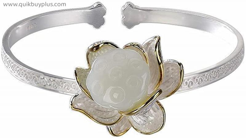 PAYNAN Natural White Chalcedony Lotus Bracelet Chinese Style Creative Women Adjustable Jewelry