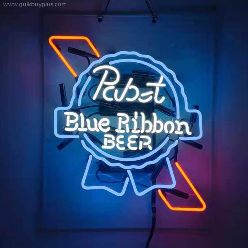 Pabst Blue Ribbon Beer Neon Signs Handmade Real Glass Neon Tubes Neon Bar Signs for Home Bar Pub Party Store Wall Window Display Home Bedroom Garage Recreation Room Decoration 19x15
