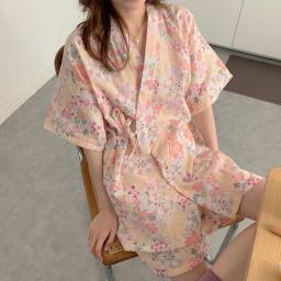 Pajama Sets Turn-down Collar Short Sleeve Women Summer Floral Printed Thin Kawaii Trendy Womens 2pcs Kimono Pyjamas Elegant