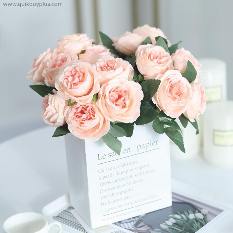 Pink Artificial Flowers Wedding Silk Peony Bride Bouquet High Quality White Rose Fake Flower Home Decoration Craft Accessories