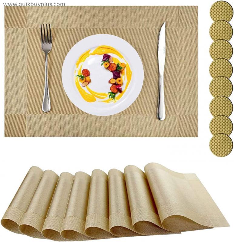 Placemats, Placemats and Coaster Sets 8, PVC Heat-resistant Table Mats Set Washable with 8 x Non-slip Placemats + 8 x Round Coasters for Kitchen Dining Table (Grey)