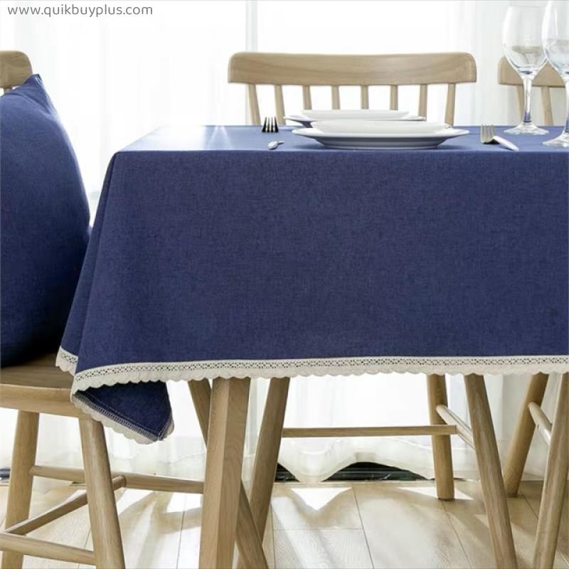 Plain Cotton Linen Table Cloth Lace Selvage Waterproof Oilproof Thick Rectangular Wedding Dining Table Cover Cloth