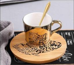 Plating Mirror Reflection Ceramic Coffee Mugs With Wood Dish Tea Cups Creative Drinkware Send Gift Box