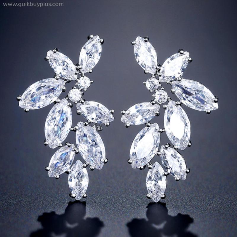 Popular Simple Women's Jewelry White Color Leaf Zircon Stud Earrings for Women Party Earring Wedding Accessories