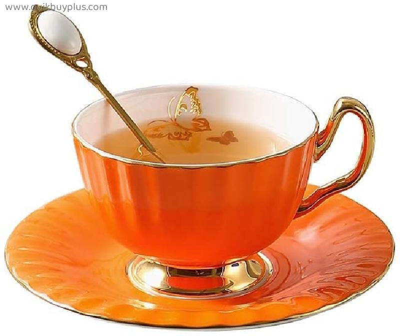Porcelain Coffee Cup and Saucer Set with Handle 6.76Oz 200Ml， Milk Mugs Novelty Mug Latte Cups Smoothie Cups Milkshake Mug/Orange