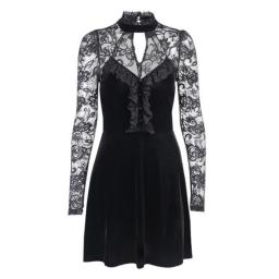 Punk Gothic Mini Dress Elegant Lady Velvet Black Lace Pathwork Long Sleeve High Waist A-line Dress Women Mall Grunge Clothes