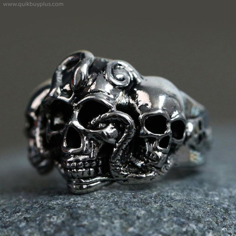 Punk Skull Head Snake Silver Color Open Adjustable Ring For Mens Metal Hip Hop Party Halloween Christmas Gift Jewelry Band