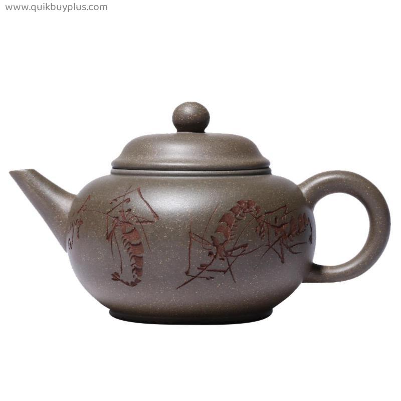 Purple Clay Pot,Green Grey Section Mud,Hand-carved,Shrimp Fun Horizontal,Yixing Teapot,Drinkware,Kettle,Zisha,Yixing,Gift