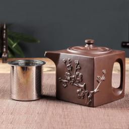 Purple Clay Pot Stainless Steel Filter Teapot Large-capacity Square Pot Kung Fu Tea Set Pour Spout Kettle with Handle
