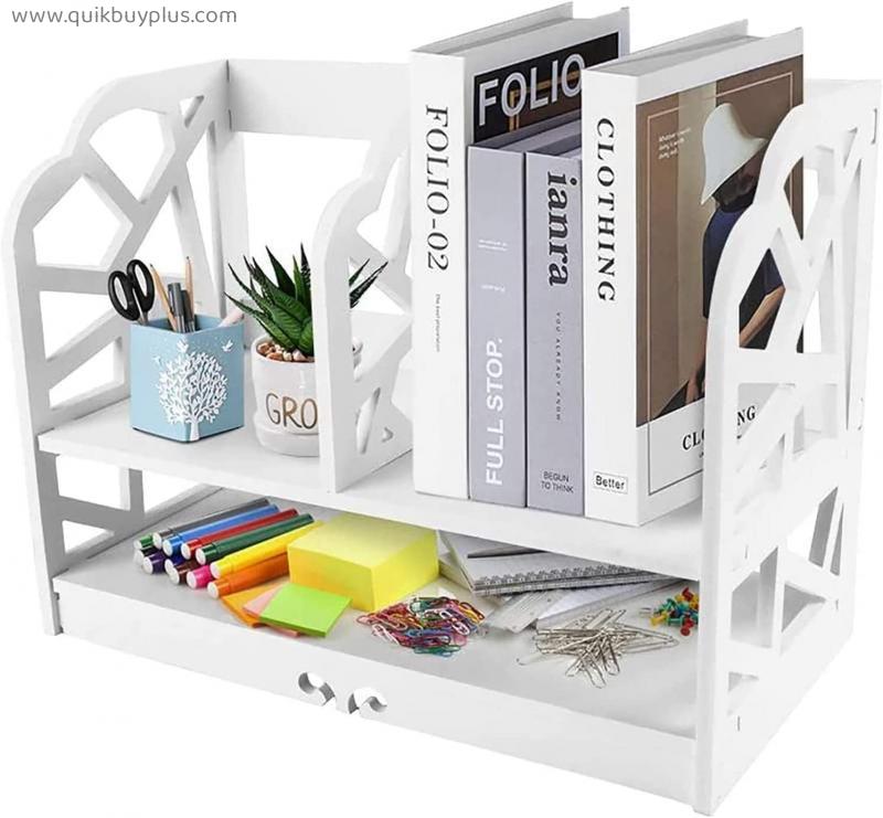 QIAOLI 2 Tier Wood Desktop Bookshelf Storage Organizer Display Shelf Rack Multipurpose Counter Top Bookcase for Office Supplies