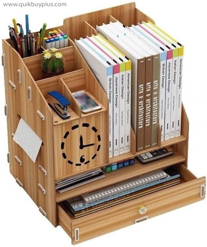 QIAOLI Multi-Function Desktop Bookshelf Wood Display Shelves Study Storage Rack Countertop Bookcase for Home Office Supplies