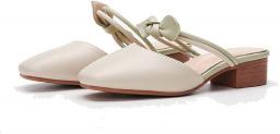 QSCQ Mule Shoes for Women Non-Slip Open-Back Slip-On Mid Heel Pumps Bowknot Double Strap Square Toe Sandals
