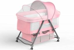 QTFBYT Compact Bedside Baby Crib,Travel Baby Cot With Breathable Mesh Easy Fold Movable Cradle Bed Mosquito Net/Storage Basket/Storage Bag New Born,Pink Happy Life