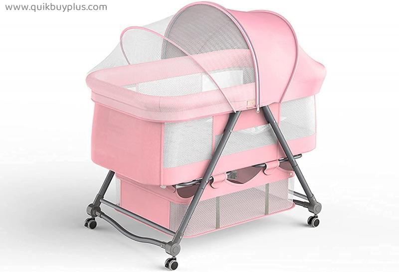 QTFBYT Compact Bedside Baby Crib,Travel Baby Cot with Breathable Mesh Easy Fold Movable Cradle Bed Mosquito Net/Storage Basket/Storage Bag New Born,Pink Happy Life