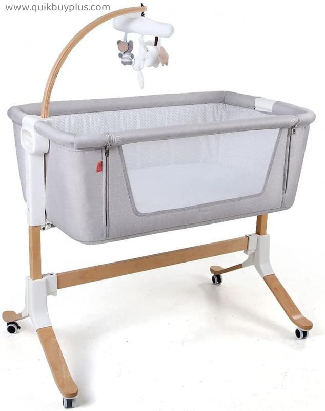 QTFBYT Compact Wooden Bedside Crib,Baby Cot Bed Mobile Comfort Cradle with Wheels Side Mesh Sides Dolls Cots,Suitable for Babies from 0-24 Months New Born,a Happy Life