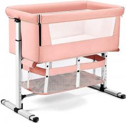 QTFBYT Folding 3 In 1 Bedside Crib Travel Cot, Portable Travel Crib Baby Bed With Breathable Net, Height Adjustable Playpen For 0-12 Months Baby, Pink Happy Life