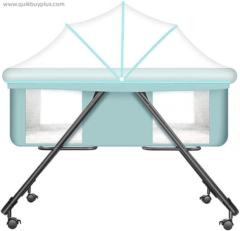 QTFBYT Height Adjustable Newborn Bedside Crib, Anti-Spit-Up Milk Mode Cot Bed with Silent Universal Wheel, Travel Baby Cot with Mesh Windows for 0-3 Years Old, Blue Happy Life