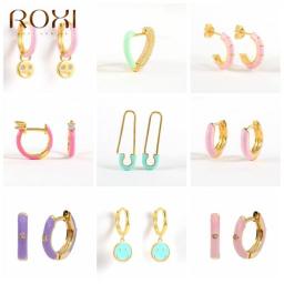 ROXI Enamel Hoop Earrings for Women Neon Round Heart Smiley Pin Jewelry Earrings 925 Sterling Silver Huggie Earrings Colorful