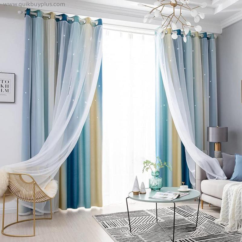 Rainbow Blackout Curtain for Girls Room Living Room, Room Darkening Double Layers Voile Drapes Star Grommet Window Curtains 2 Panels Set-E-134x210cm(53x83inch)