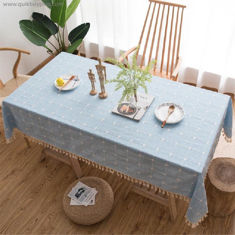 Rectangle Tablecloth for Home Kitchen Decoration Pink Embroidered Stripes Plaid Stitching Linen Cotton Dining Table Cloth