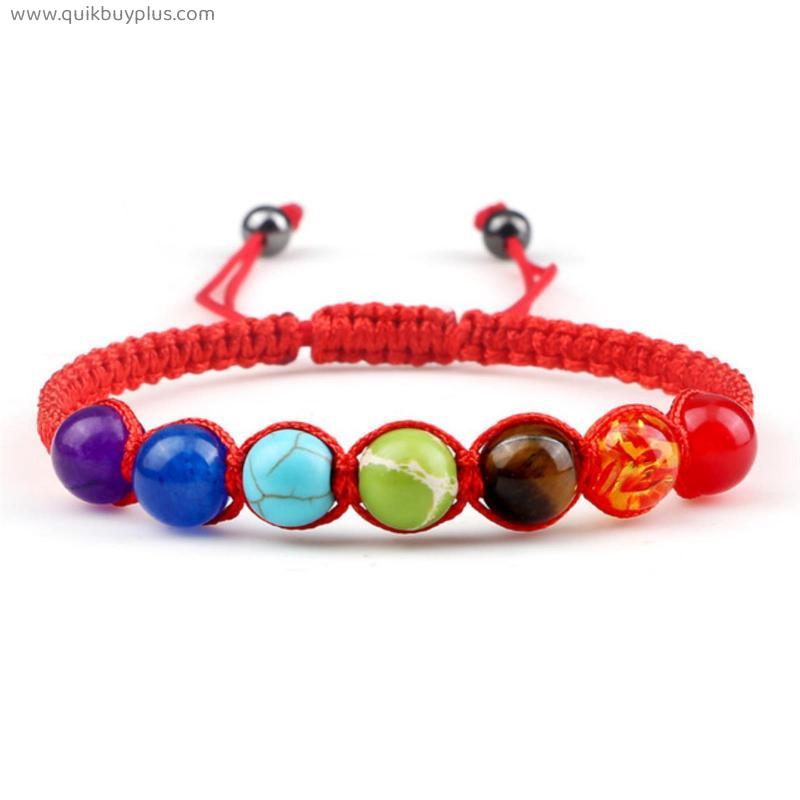 Red 7 Chakras Braided Bracelet For Women/Men Lucky Woven Rope Adjustable Bracelets&Bangles Natural Stone 8mm Beaded Jewelry Gift