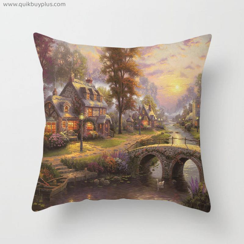 Retro Rural Color Cities Pillowcase 45*45 Creative Cushion Cover for Sofa Home Car Decor Colorful Cartoon House Pillow Case