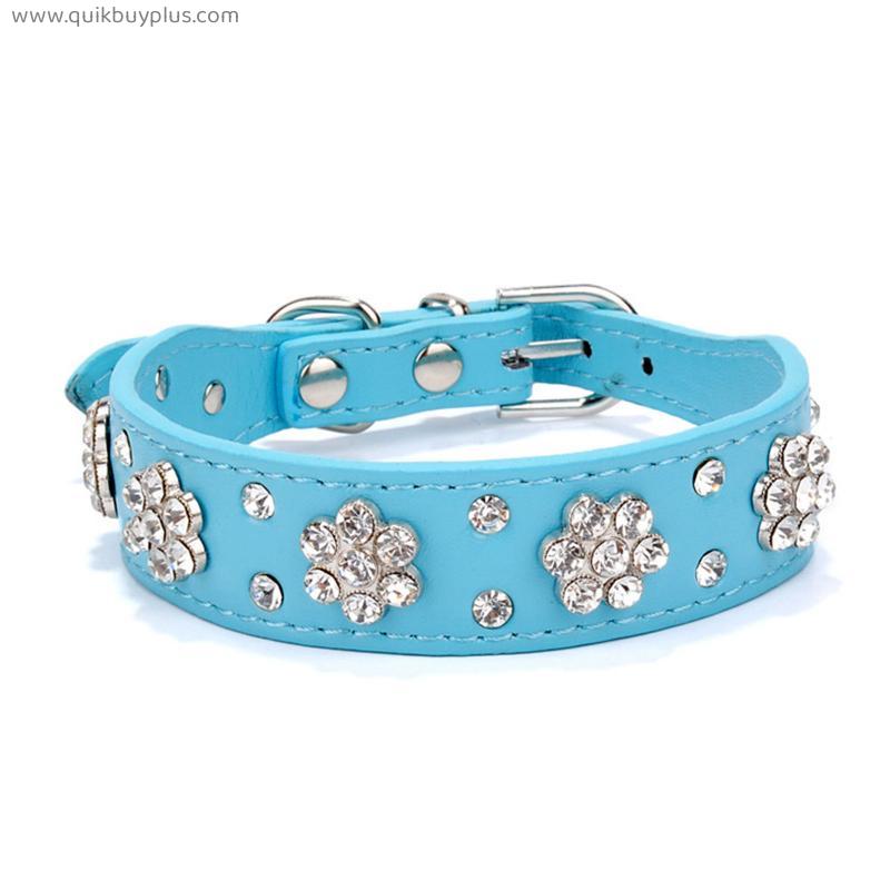 Rhinestone Dog Collar Diamante Leather Pet Puppy Necklace Bling Crystal Flower Studded Ornate Cat Collars For Small Medium Dogs Cats