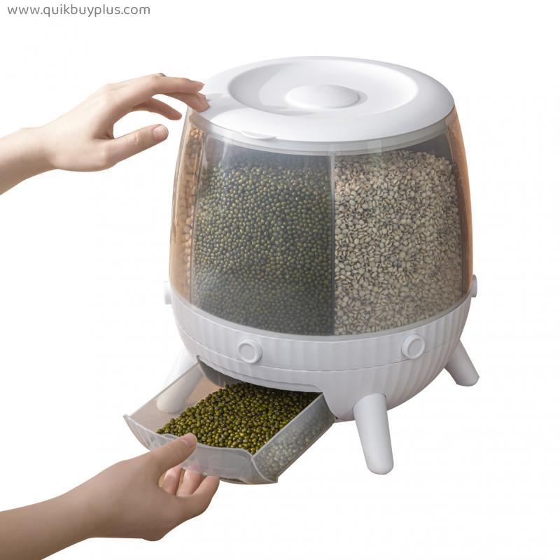 Rotating Rice Storage Container Round Grain Storage Bucket 6 Grids Food Dispenser One-Click Rice Output Convenient Kitchen Tool