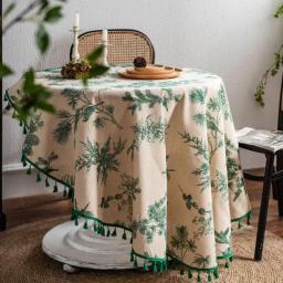 Round 150cm Table Cloth Restaurant Cotton Linen  Green Pine Tree Printed Tablecloth Dustproof Table  Cover Home Decoration