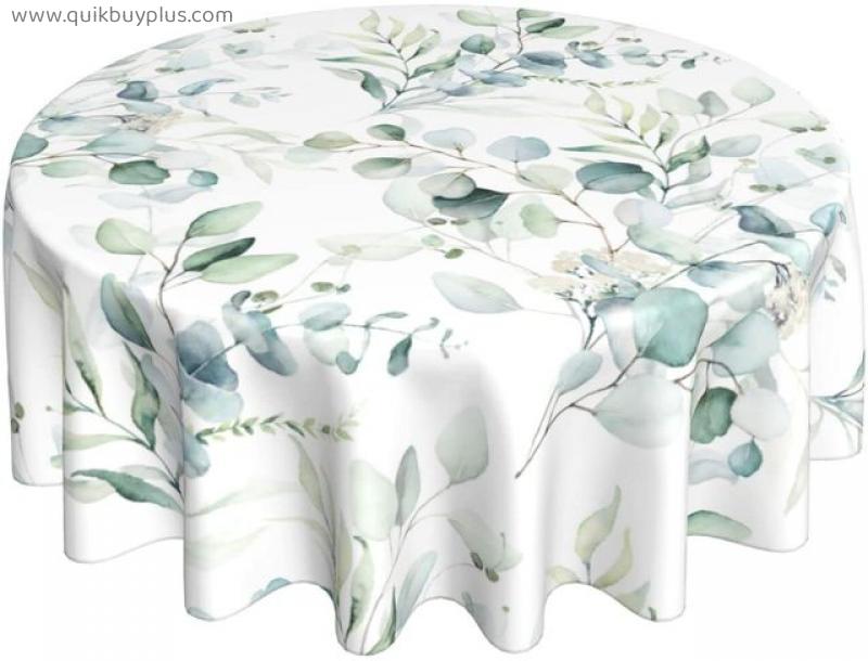 Round Watercolor Table Cloth Spring Leaf Floral Sage Tablecloth Waterproof Fabric Green Grey Leaves Tablecloths