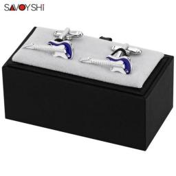 SAVOYSHI Free Engraving Name Cufflinks For Mens Shirts Cuffs Blue White Enamel Guitar Model Cuff Links Male Gift Jewelry Newest