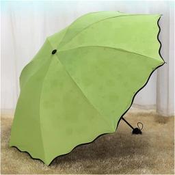 SBSNH Ladies Portable Flowers Umbrellas Windproof 3-Folding Blossoms in Water Changes Color Anti-UV Sun/Rain Umbrella (Color : Green, Size : One size)