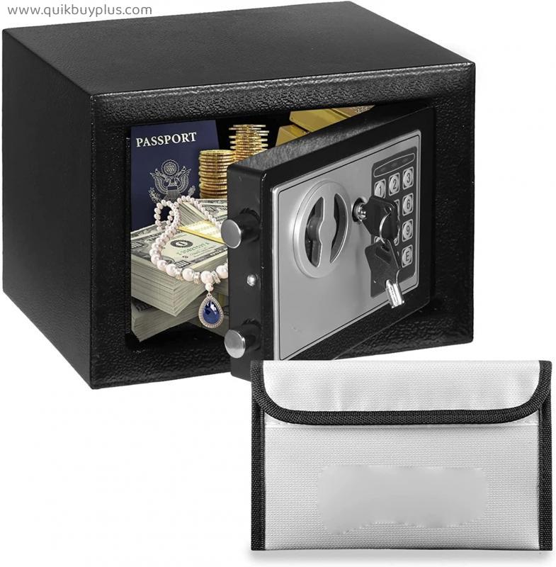 Safe Box,Fireproof Waterproof Safe Cabinet Safes Steel Small Money Safe Box for Home Office with Fireproof Money Bag for Cash, Personal Safe with Pass Code and Key Lock, Mini Safe Lock Box for Ca