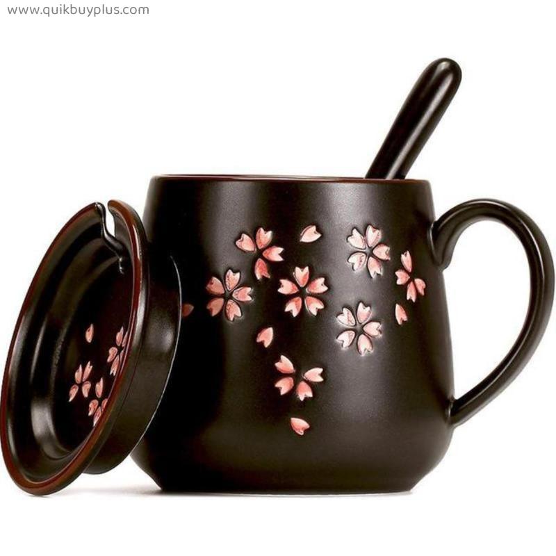 Sakura Cup with Spoon Japanese-Style 370ml Ceramic Milk Tea Coffee Mugs with Gold Painted and Gold Handle Creative Porcelain