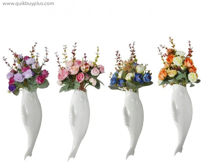 Sculptures Home Decor 4pcs Home Decorative Ceramic Fish Shaped Flower Vase Wall Hanging Plants Vases Mural + Artificial Bouquet Flowers Floral Decoration Props Decor