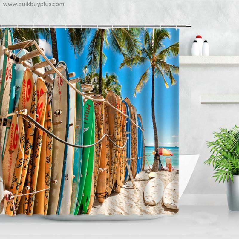 Seaside Scenery Waterproof Shower Curtains Surfboard Car Ocean Wave Tropical Plant Printed Cloth Bath Decor Bathroom Curtain