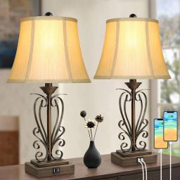 Set Of 2 Vintage Touch Control Table Lamps For Bedroom Nightstand 3-Way Dimmable Rustic Bedside Lamps With 2 USB Charging Ports Bronze Living Room Reading Desk Lamps Bell Shape Shades, Bulbs Included
