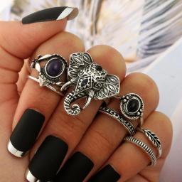 SexeMara 7pcs/set Vintage Stylish Punk Black Blue Opal Elephant Ring Set for Women Boho Carved Knuckle Midi Rings Set Party Gift