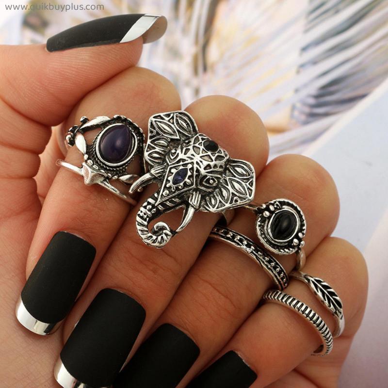 SexeMara 7pcs/set Vintage Stylish Punk Black Blue Opal Elephant Ring Set for Women Boho Carved Knuckle Midi Rings Set Party Gift