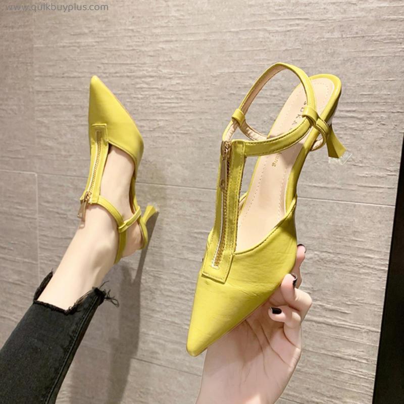 Sexy 2021 Women Sandals Summer Ladies Casual Shoes Sandals Pointed Toe Fashion Zipper Thin Heels Slingback