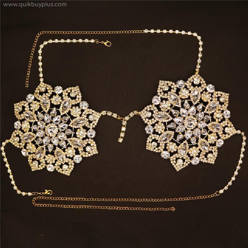 Sexy Bling Rhinestone Body Chain Bra Jewelry Bikini Harness for Women Halter Hollow Flower Crystal Underwear Top Body Jewelry