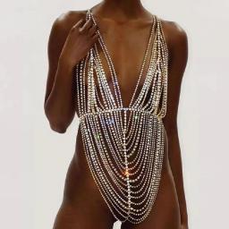 Sexy Bodies Bikinis Slim And Exquisite Underwear Aesthetic Shoulder Rhinestone Bra Hollow Harness Woman Fashion Belt Neck Chain