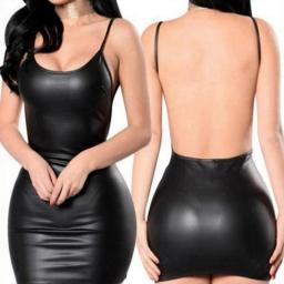 Sexy Dress Backless Club Party Short Dress Solid Black Wet Look Latex Bodycon Push Up Bra Mini Micro Dresses