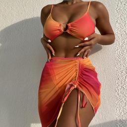 Sexy Women Swimsuits 2022 New Summer Print Lady Beachwear High Waisted Bikinis Set Mesh Skirt Three Piece Bathing Outfits