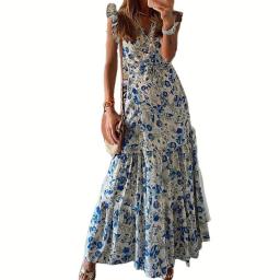 Sexy Women V Neck Dresses Vintage Printed Dresses Sleeve Fashion Slim Casual Maxi Sleeve Long Dresses with Pockets and Sleeves for Ladies
