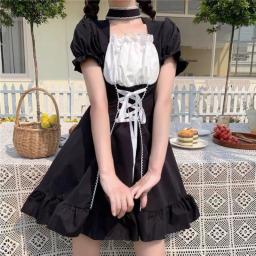 Short Sleeve Dresses Women Cute Japanese Style Lolita Bandage Sweet Girl Kawaii Party Streetwear Chic Patchwork
