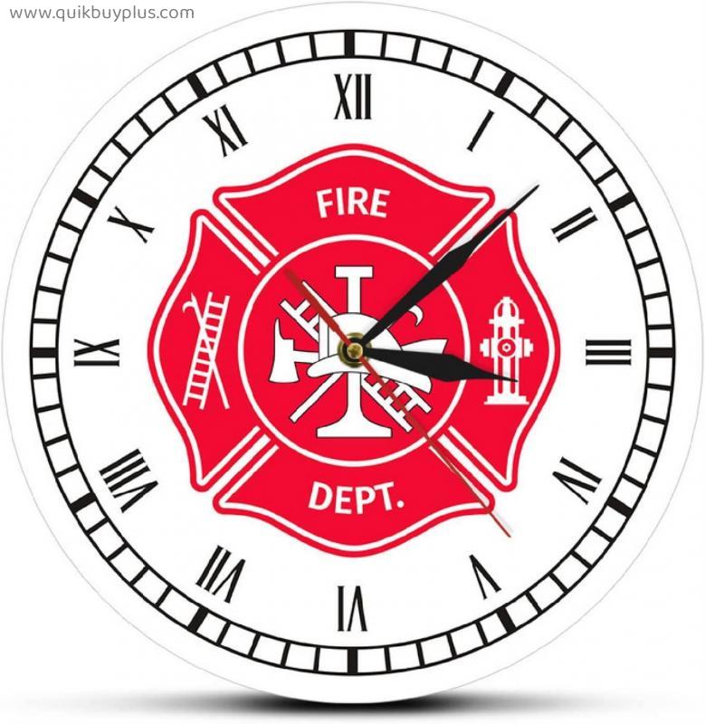 Silent Wall Clock Firefighter Maltese Cross Slient Printed Wall Clock First Responder Fire Department Badge Logo Watch with Roman Numerals 12 Inchs