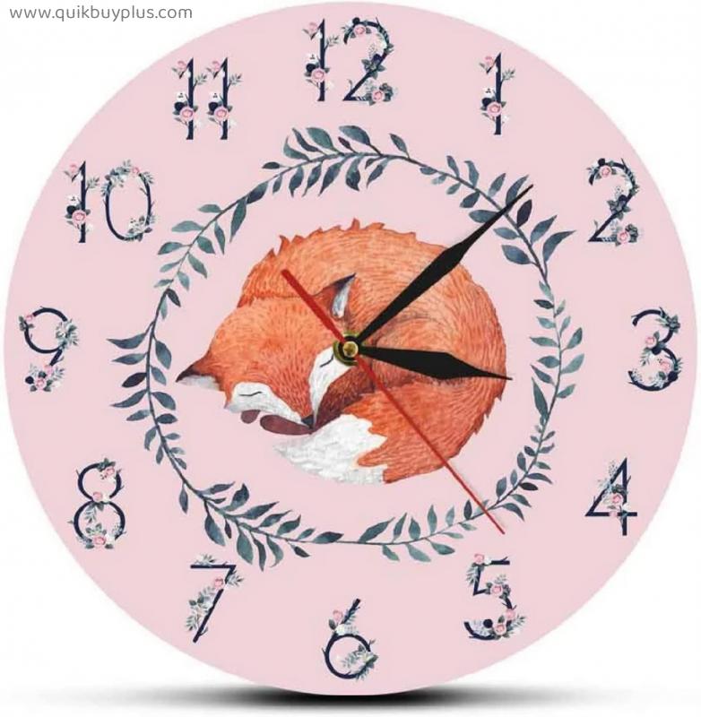 Silent Wall Clock Sleeping Fox with Floral Numbers Large Acrylic Wall Hanging Clock Flower Numerals with Pink Background Nordic Watch 12 Inchs